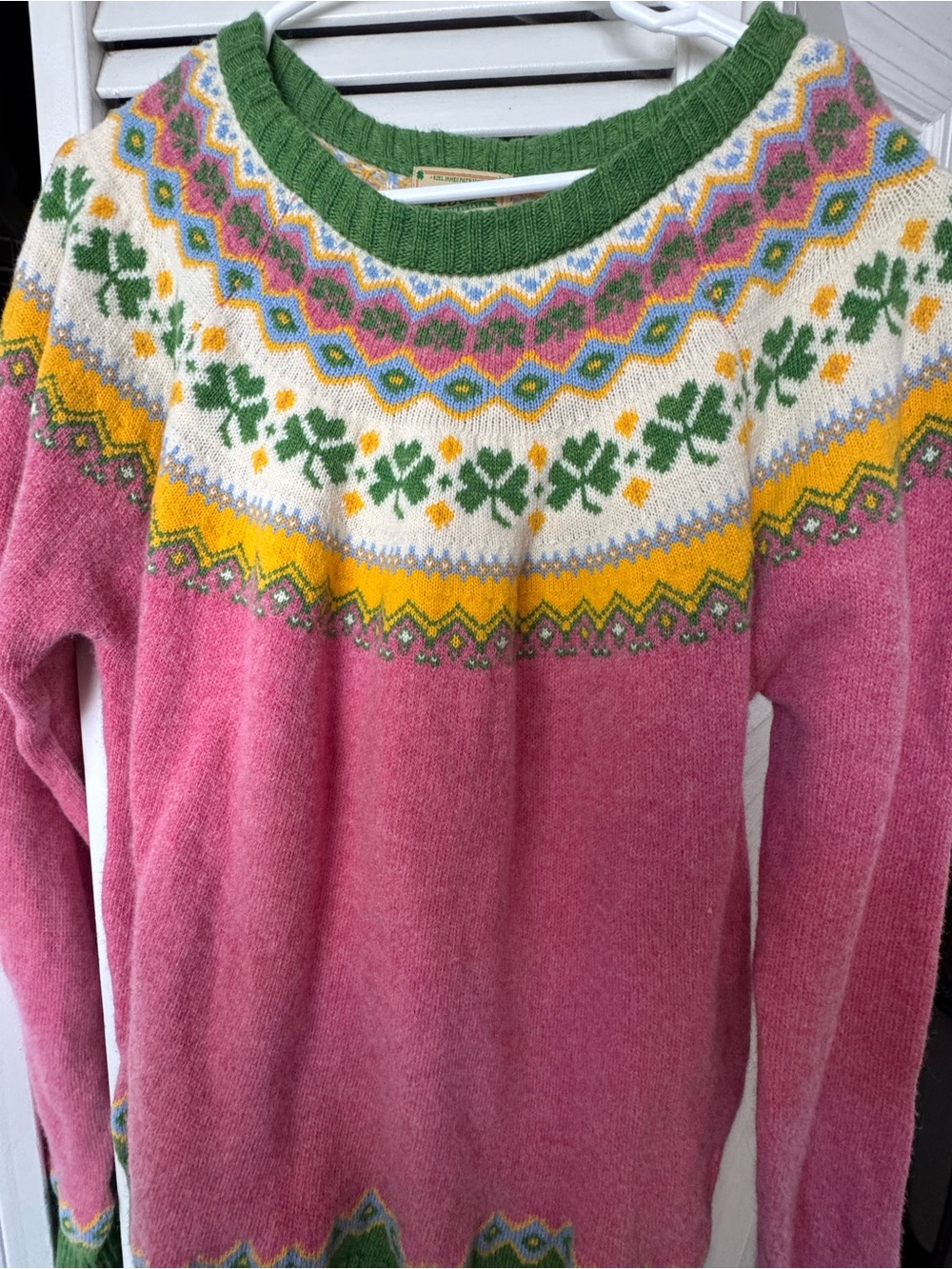 Kiel James Patrick Pink Fair Isle Crewneck Sweater with Green Trim